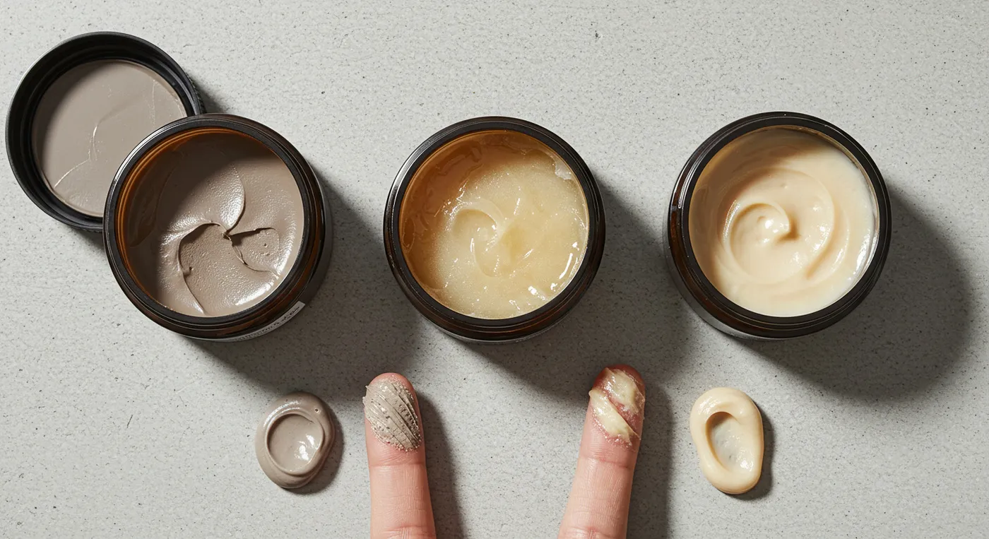 Pomade, clay and paste in open tins