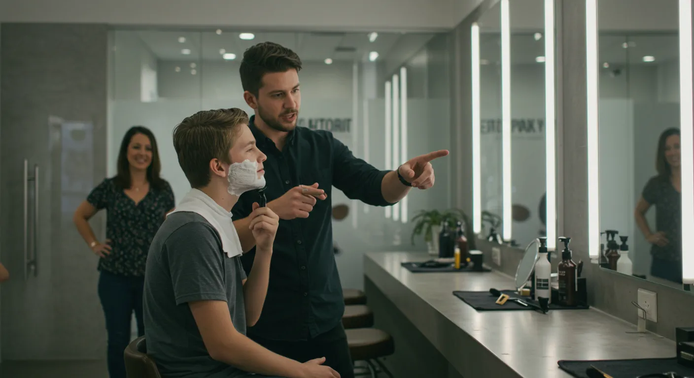 A barber coaching a young client through his first shave while his mom looks on